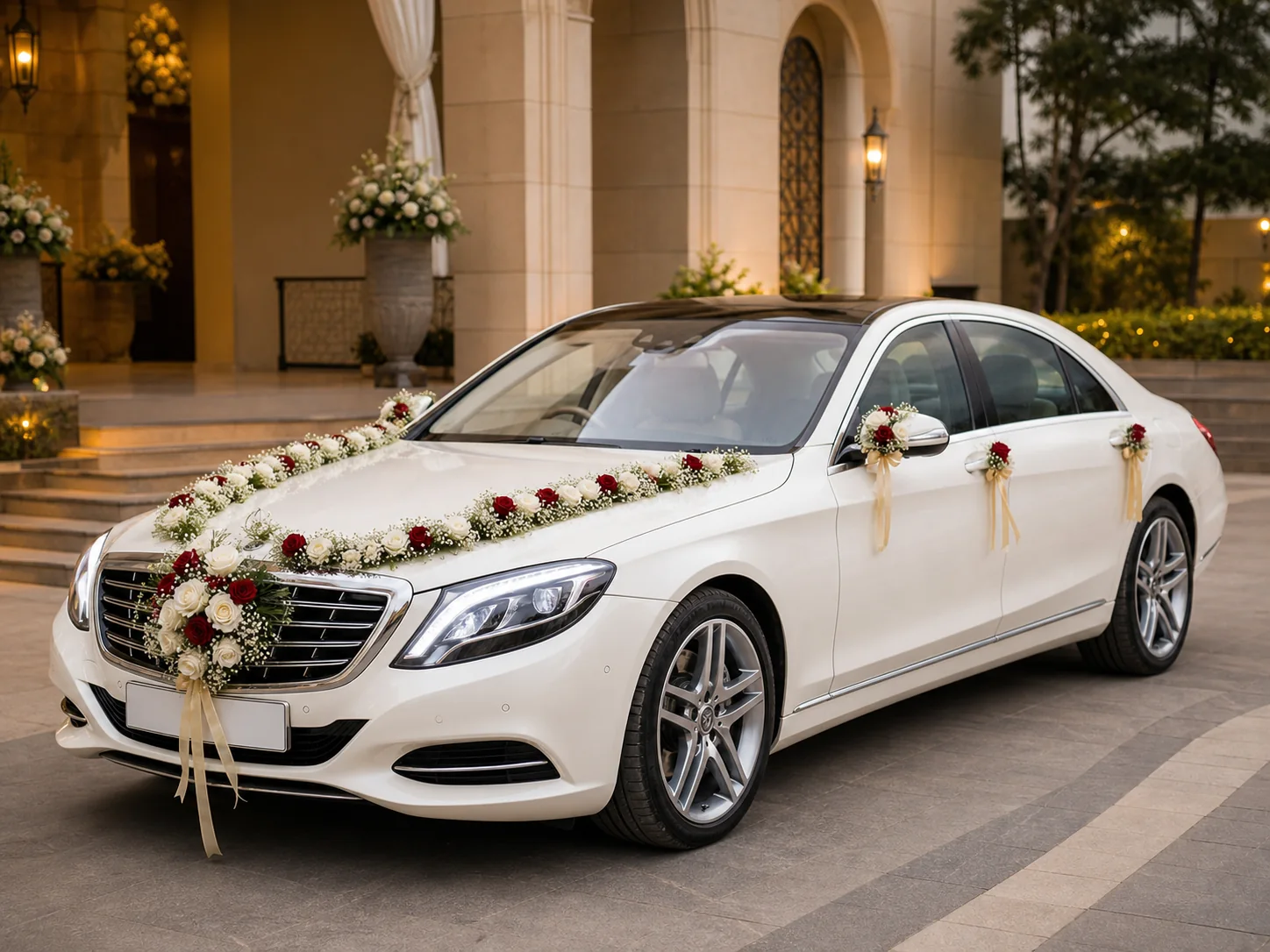 White luxury wedding car decorated with flowers